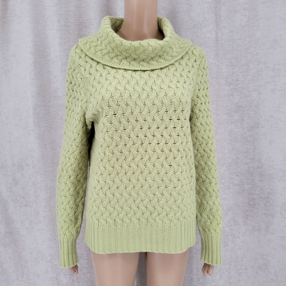 Harold's Cashmere Wasabi Spring Green Cable Knit Pointelle Cowl Neck Sweater